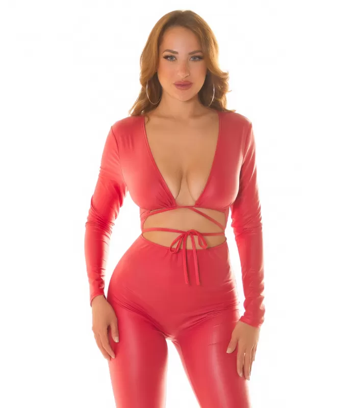 Koucla punainen wetlook catsuit nauhoilla