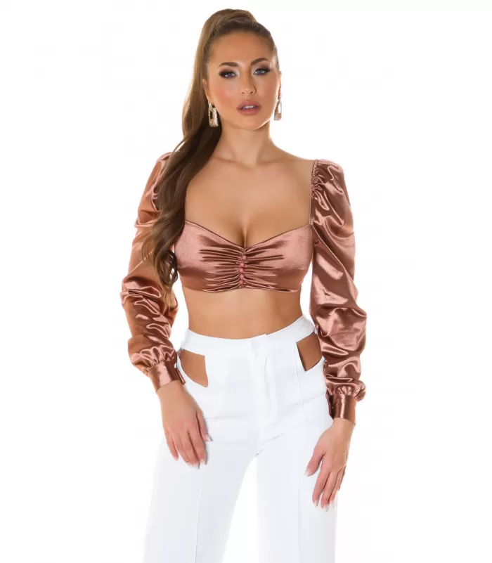 Koucla ruskea pitkähihainen lyhyt satiinipaita helmillä