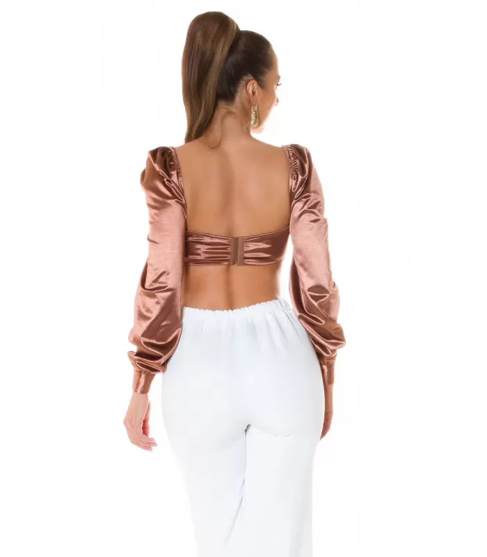 Koucla ruskea pitkähihainen lyhyt satiinipaita helmillä