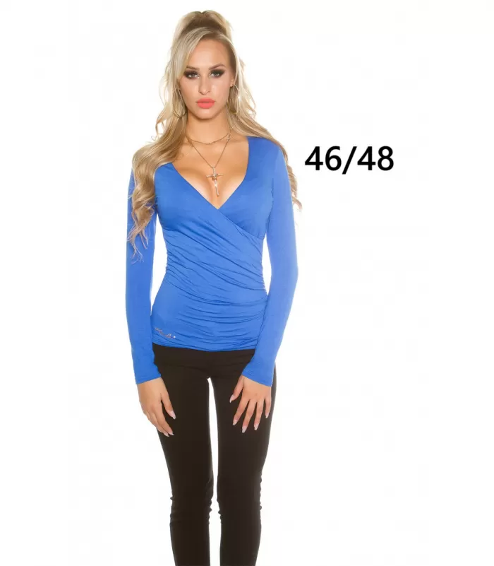 Koucla sininen pitkähihainen wrap-look v-paita (plus size)