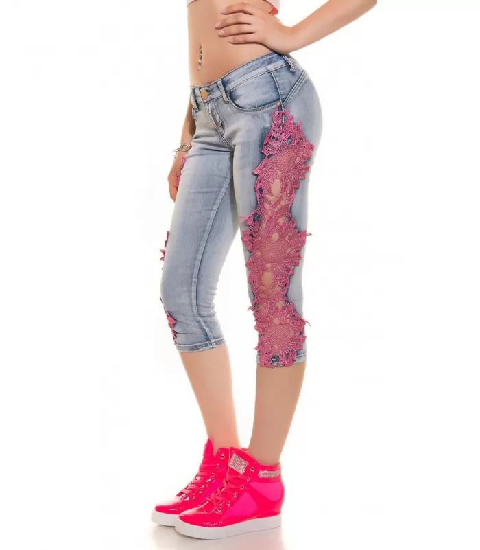 Koucla siniset pinkkipitsikirjaillut push up -caprifarkut