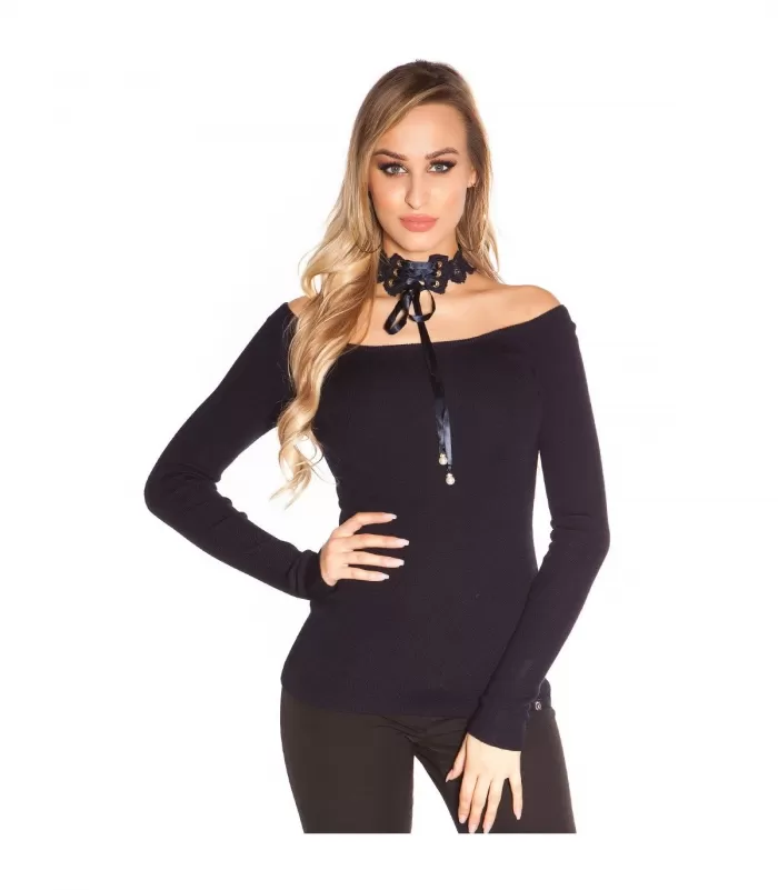 Koucla tummansininen off-shoulder pitsichoker neule [LÖYTÖ]