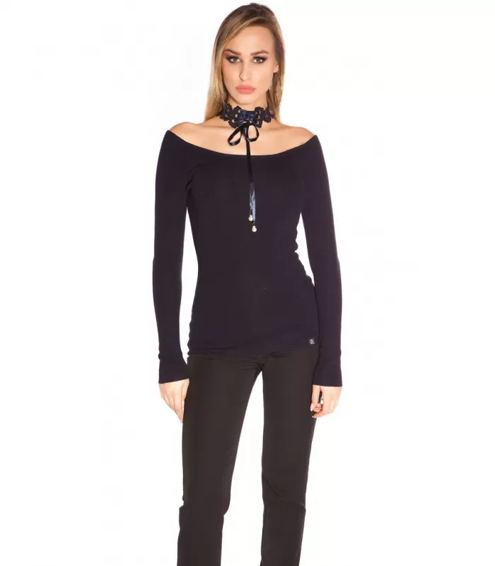 Koucla tummansininen off-shoulder pitsichoker neule [LÖYTÖ]
