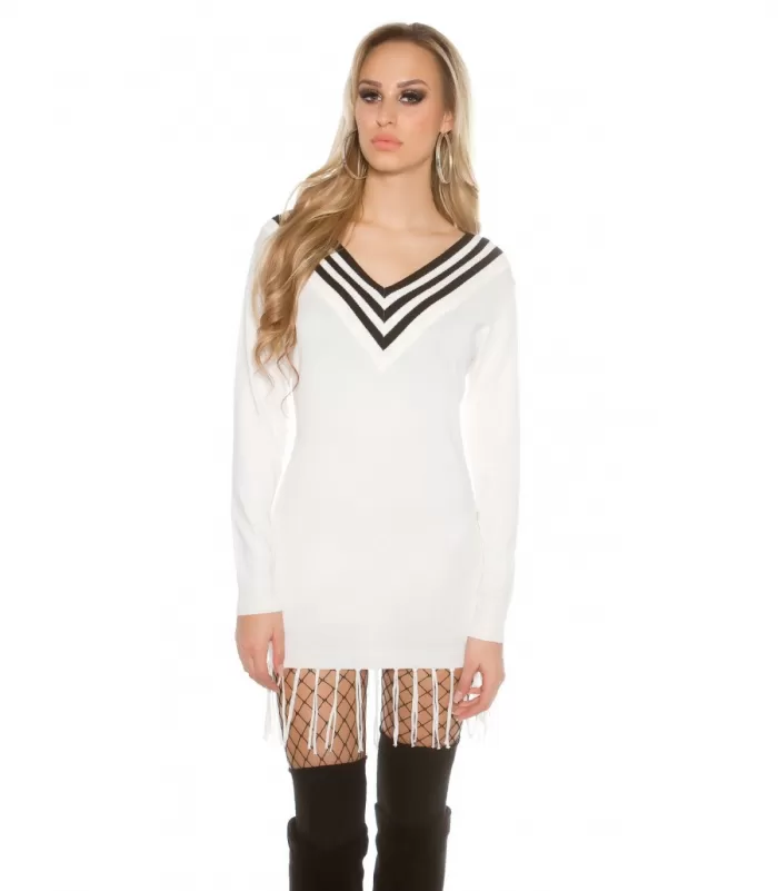 Koucla valkoinen mustaraidallinen v-neulemekko hapsuilla