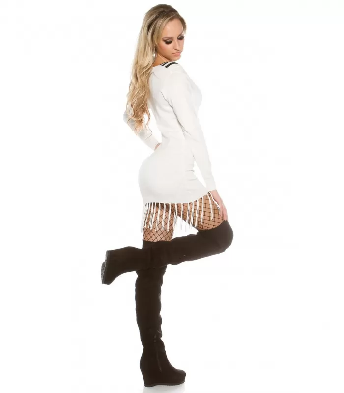 Koucla valkoinen mustaraidallinen v-neulemekko hapsuilla