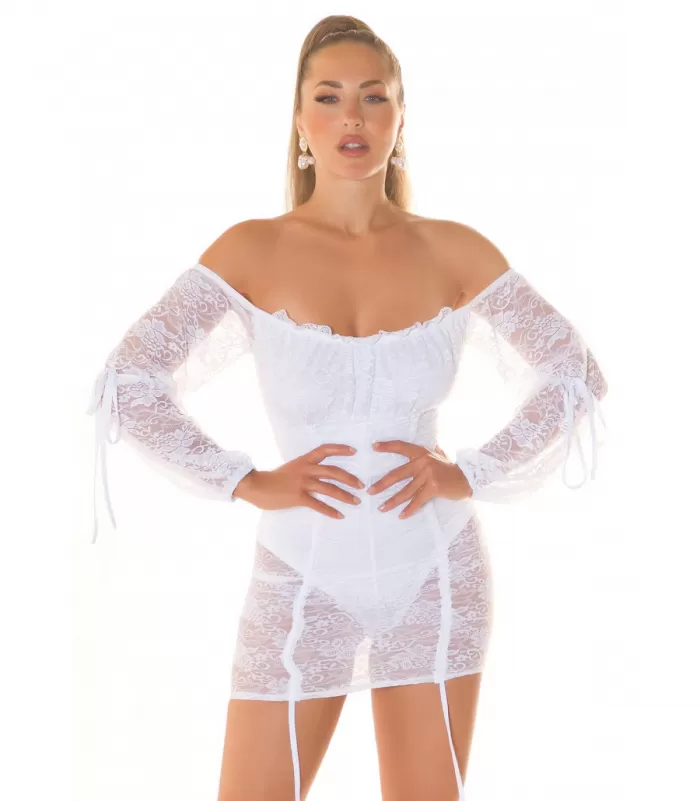 Koucla valkoinen off-shoulder pitsinen bodymekko nauhoilla