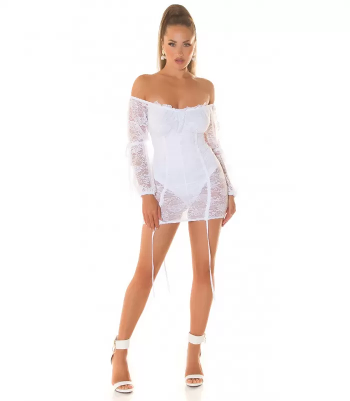 Koucla valkoinen off-shoulder pitsinen bodymekko nauhoilla