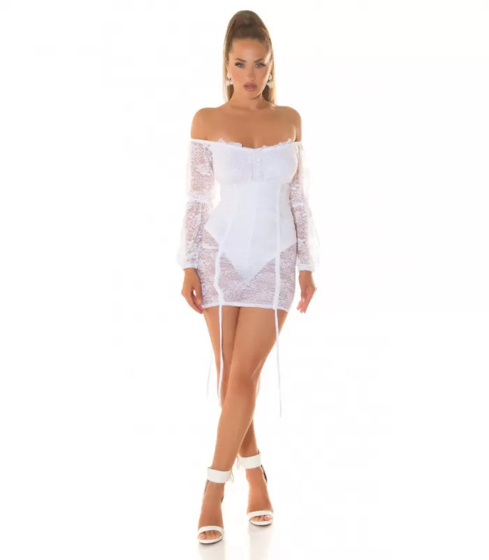 Koucla valkoinen off-shoulder pitsinen bodymekko nauhoilla