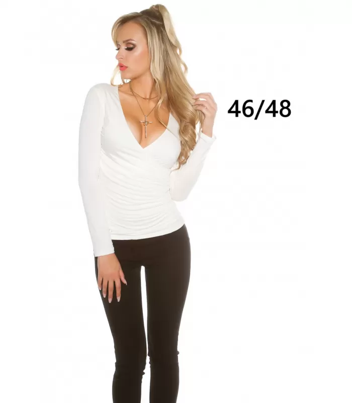 Koucla valkoinen pitkähihainen wrap-look v-paita (plus size)