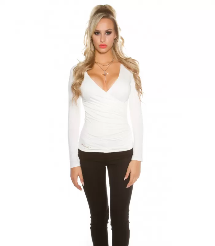 Koucla valkoinen pitkähihainen wrap-look v-paita (plus size)