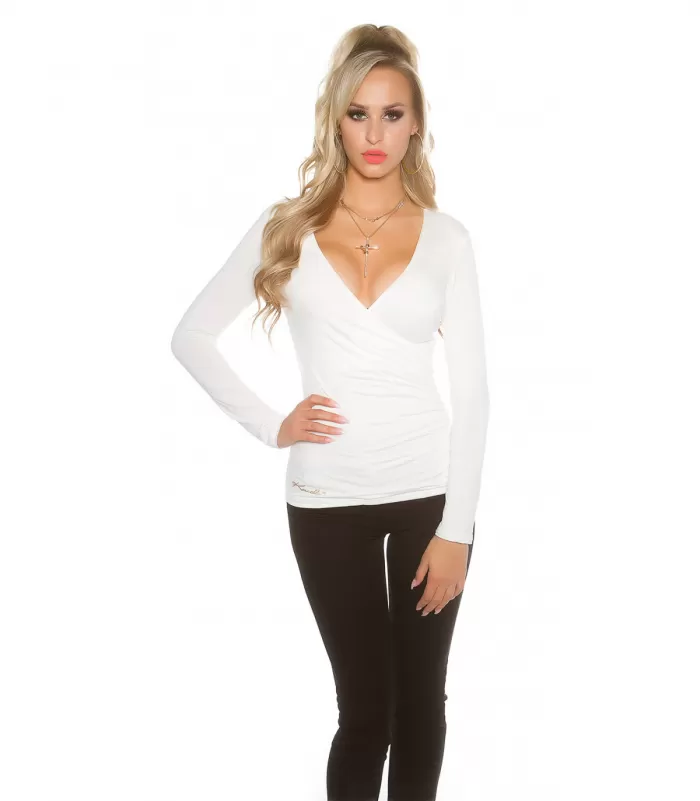 Koucla valkoinen pitkähihainen wrap-look v-paita (plus size)