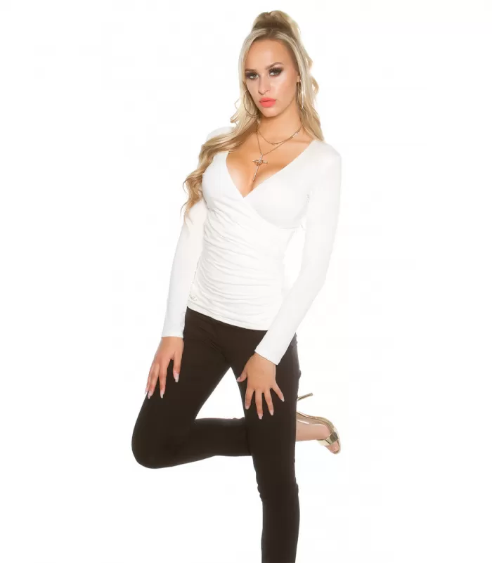 Koucla valkoinen pitkähihainen wrap-look v-paita (plus size)