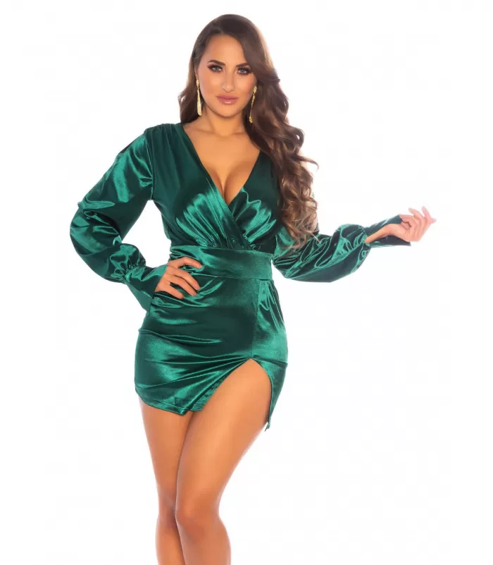 Koucla vihreä pitkähihainen v-satiiniminimekko