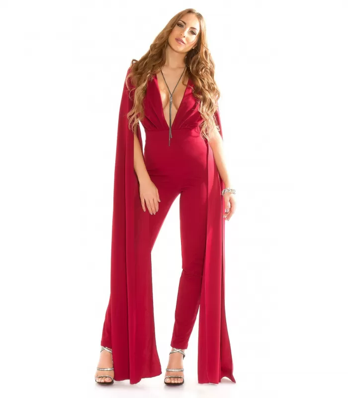 Koucla viininpunainen v-jumpsuit liehuksilla