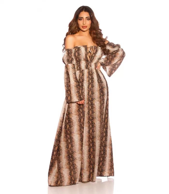Käärmekuvioinen pitkähihainen off-shoulder mesh-maksimekko