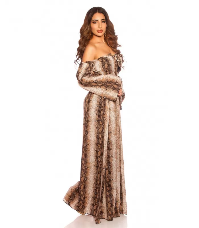 Käärmekuvioinen pitkähihainen off-shoulder mesh-maksimekko