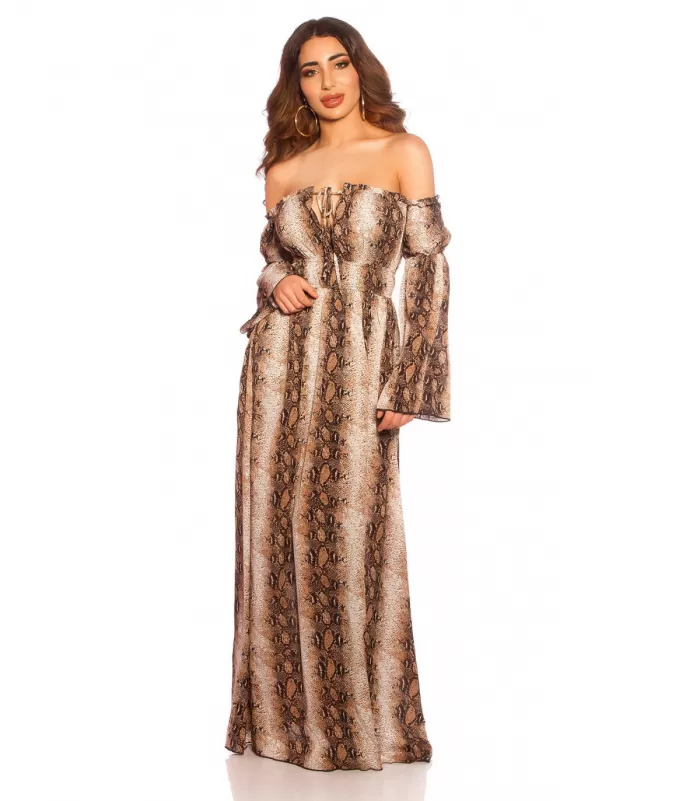 Käärmekuvioinen pitkähihainen off-shoulder mesh-maksimekko