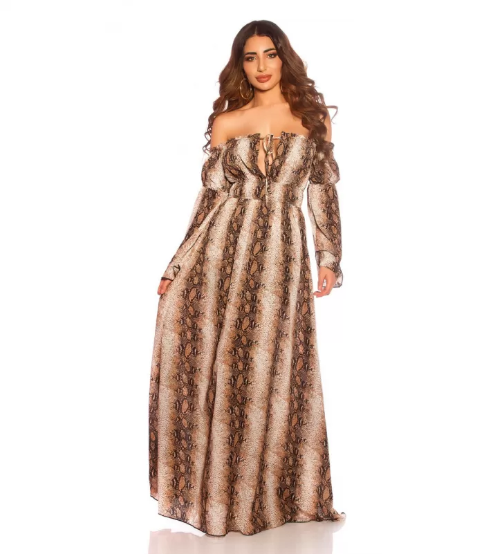 Käärmekuvioinen pitkähihainen off-shoulder mesh-maksimekko