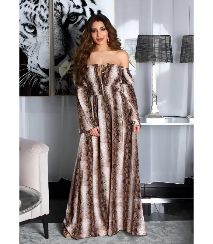 Käärmekuvioinen pitkähihainen off-shoulder mesh-maksimekko