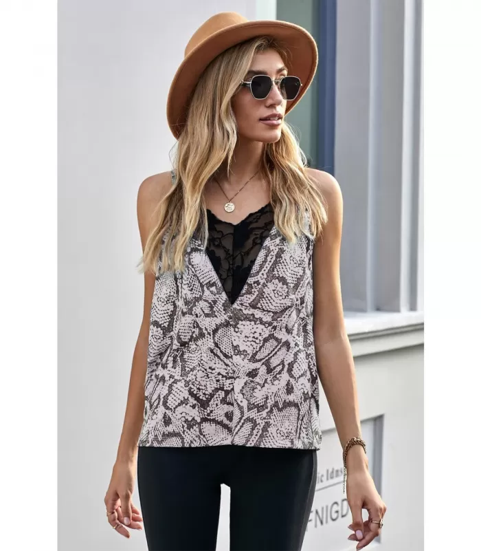 Käärmekuvioinen pitsikoristeinen toppi