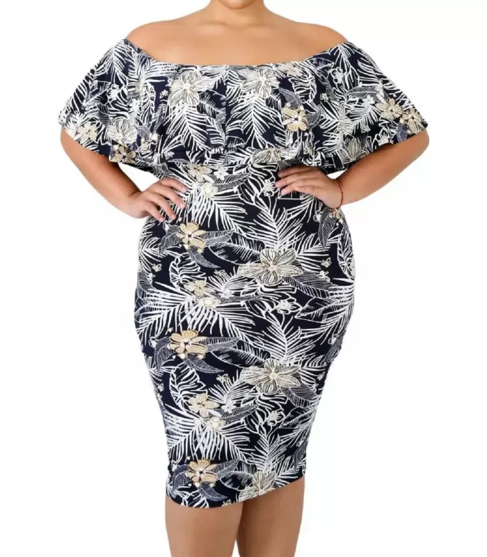 Kukkakuvioinen off-shoulder midimekko röyhelöllä (plus size) [LÖYTÖ]