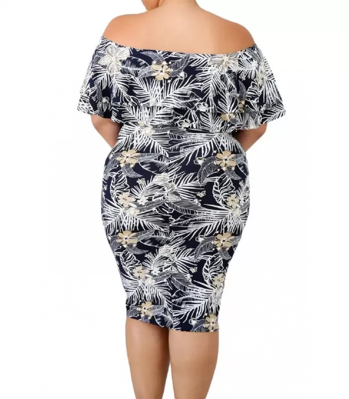 Kukkakuvioinen off-shoulder midimekko röyhelöllä (plus size) [LÖYTÖ]
