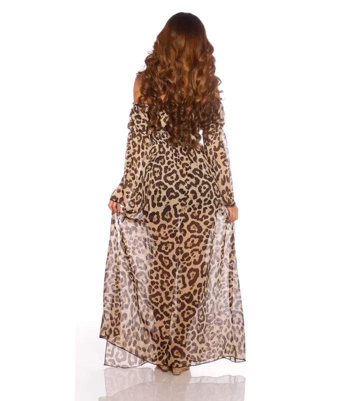 Leopardikuvioinen pitkähihainen off-shoulder mesh-maksimekko