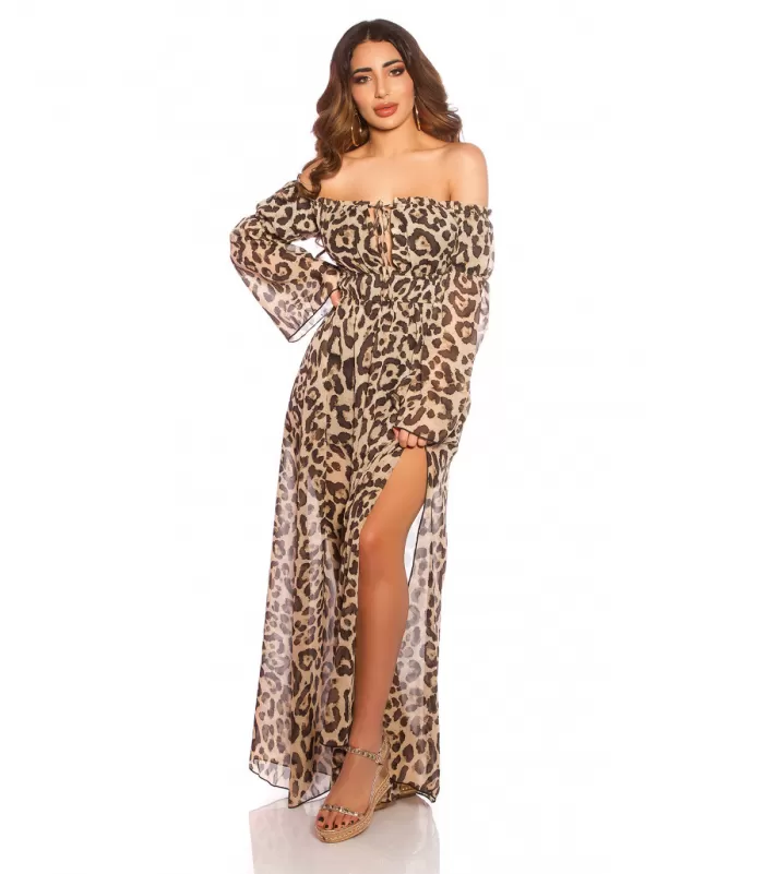 Leopardikuvioinen pitkähihainen off-shoulder mesh-maksimekko