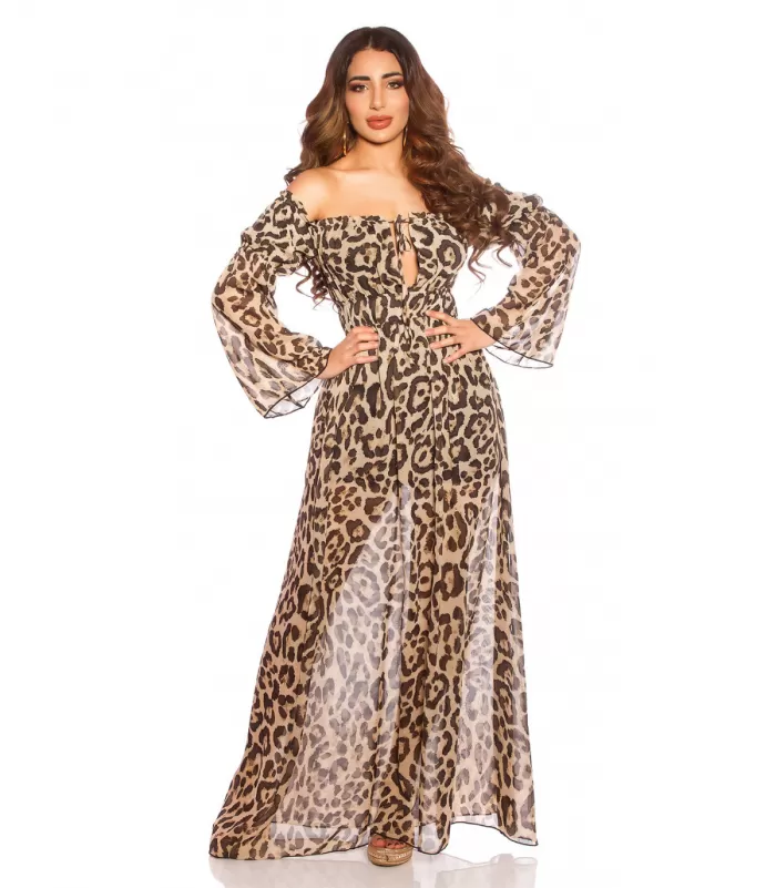 Leopardikuvioinen pitkähihainen off-shoulder mesh-maksimekko