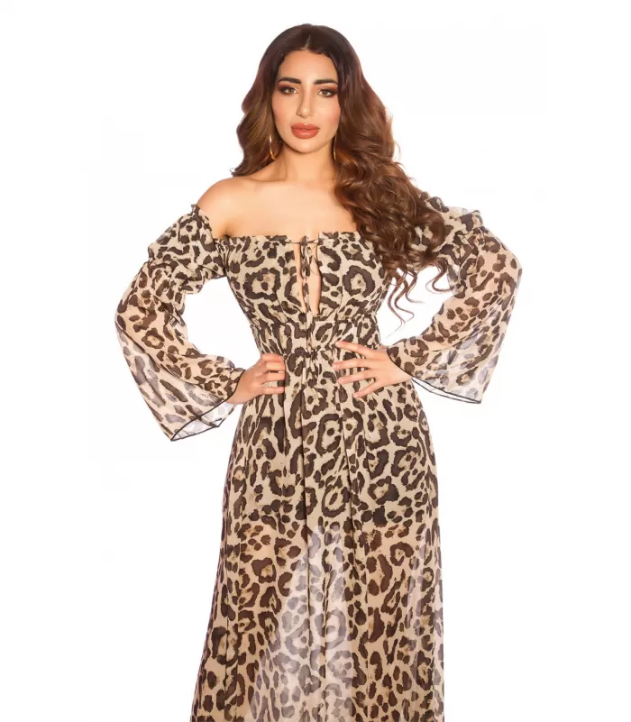 Leopardikuvioinen pitkähihainen off-shoulder mesh-maksimekko