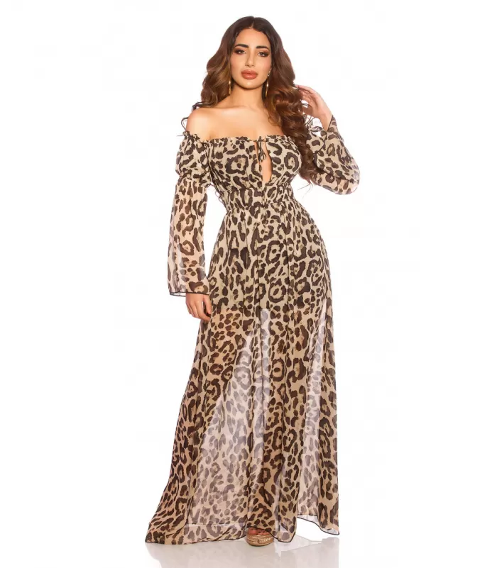 Leopardikuvioinen pitkähihainen off-shoulder mesh-maksimekko [BLACKWEEK]