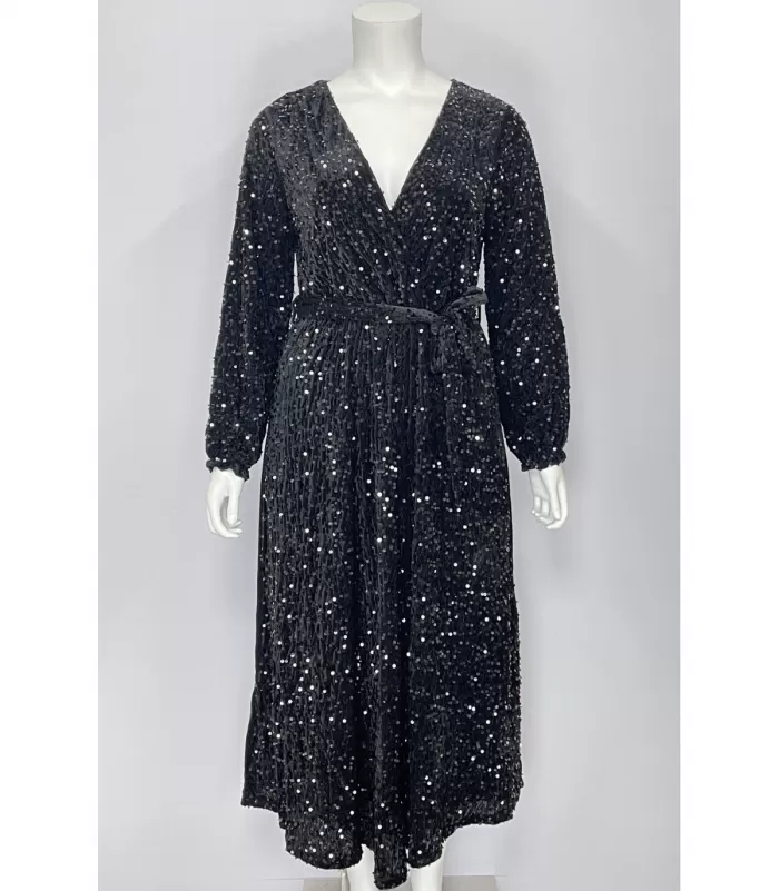 Lilie musta pitkä v-samettimekko paljeteilla ja vyöllä (plus size)