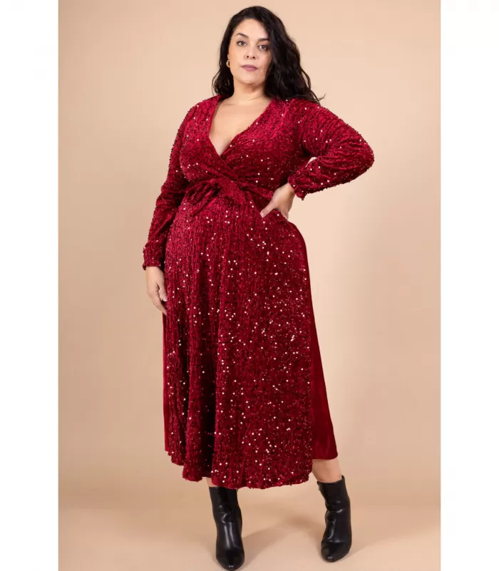 Lilie viininpunainen pitkä v-samettimekko paljeteilla ja vyöllä (plus size)