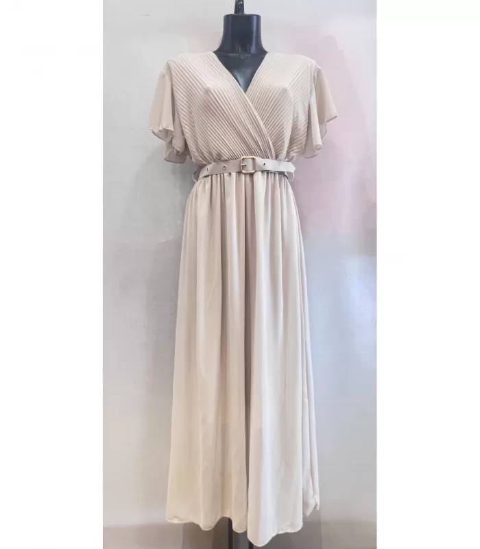 Mily beige lyhythihainen pitkä v-mekko vyöllä (plus size)