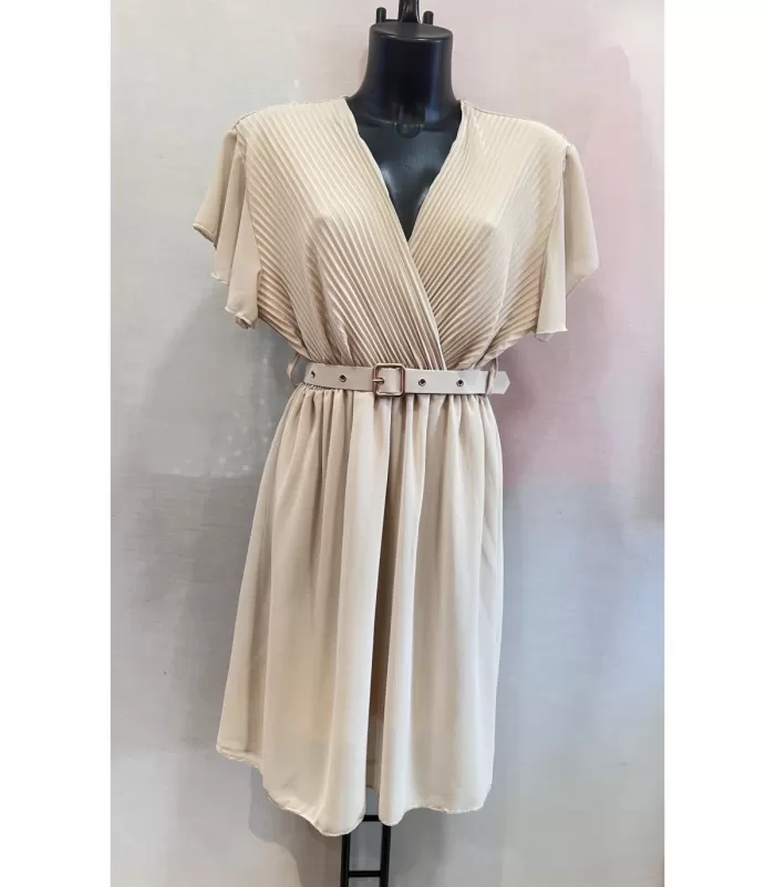 Mily beige lyhythihainen v-mekko vyöllä (plus size)