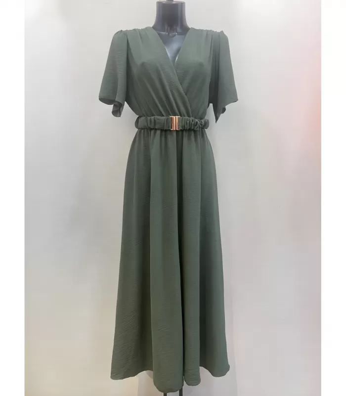 Mily khaki lyhythihainen v-maksimekko vyöllä (plus size)