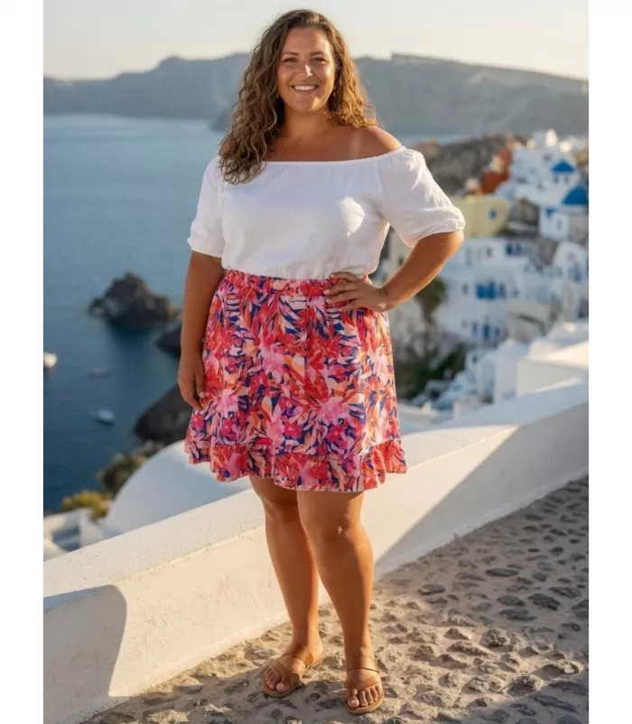 Mily pinkki kukkakuvioinen shortsihame (plus size)