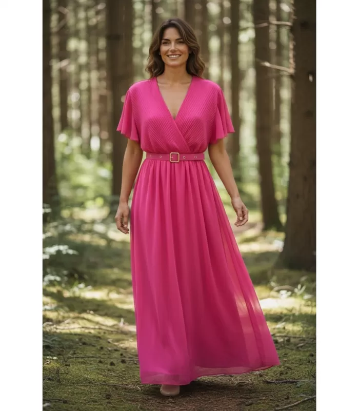 Mily pinkki lyhythihainen pitkä v-mekko vyöllä (plus size)