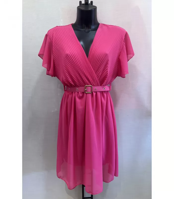 Mily pinkki lyhythihainen v-mekko vyöllä (plus size)