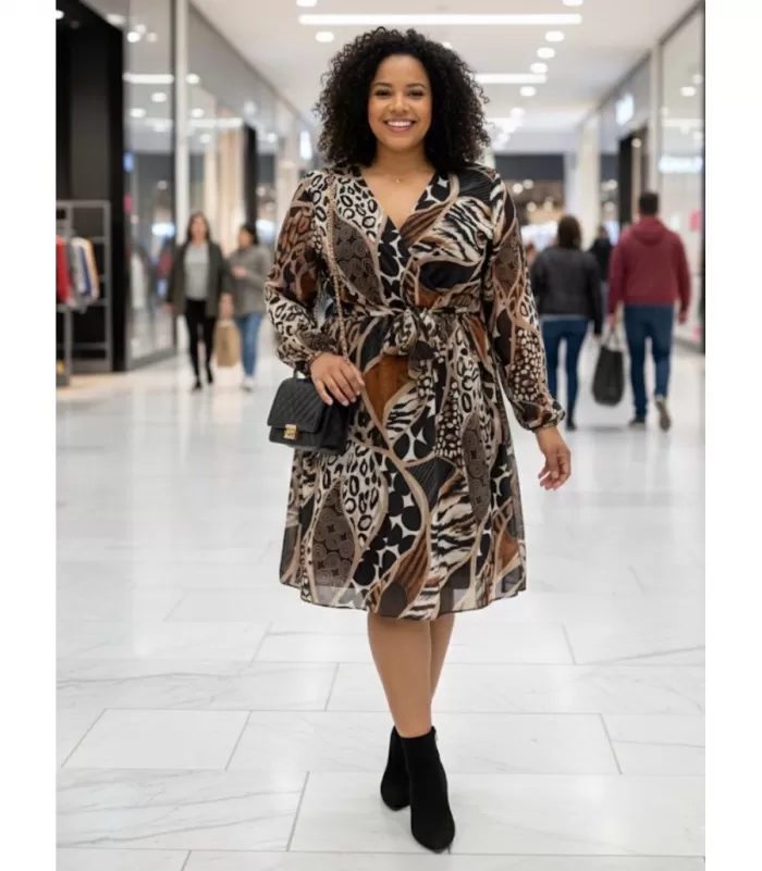 Mily pitkähihainen printtikuvioinen wrap-look v-mekko vyöllä (plus size)