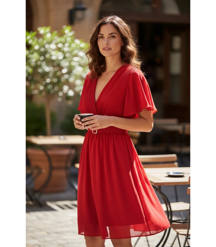 Mily punainen lyhythihainen v-mekko vyöllä (plus size)