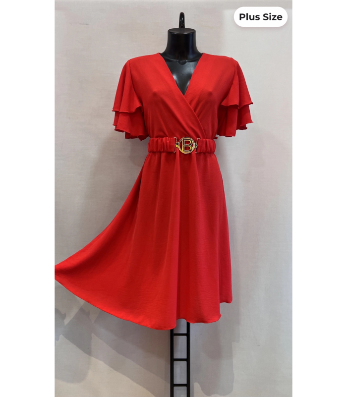 Mily punainen lyhythihainen v-mekko vyöllä (plus size)