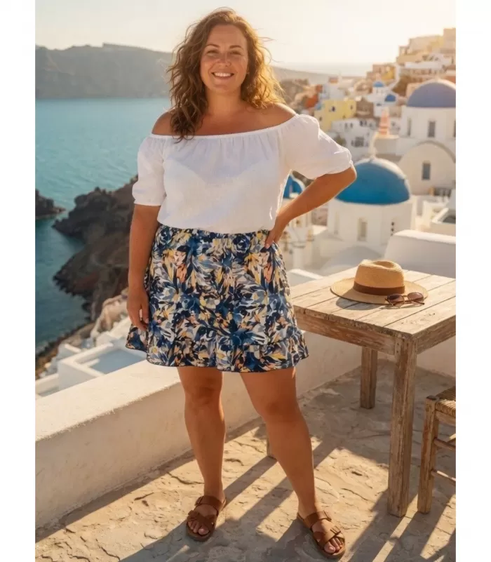 Mily sininen kukkakuvioinen shortsihame (plus size)
