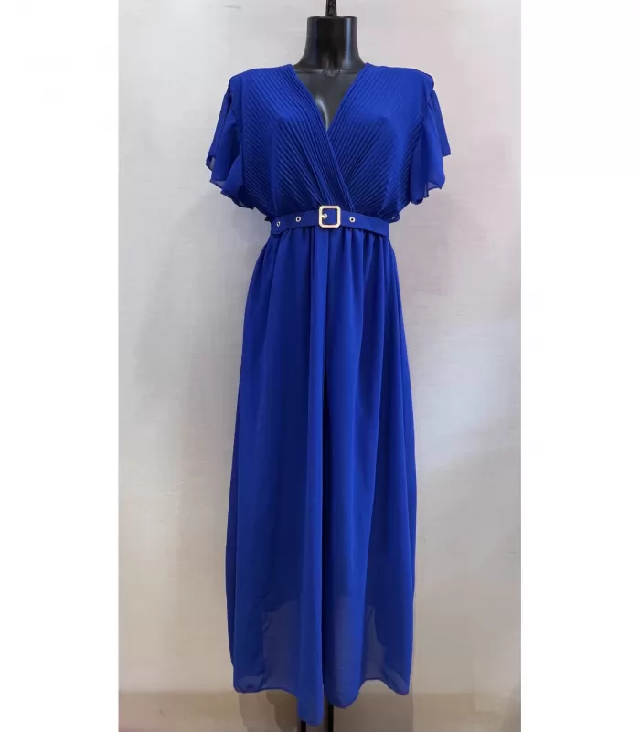 Mily sininen lyhythihainen pitkä v-mekko vyöllä (plus size)