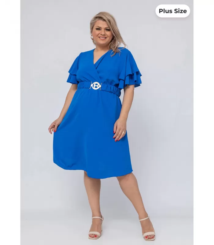 Mily sininen lyhythihainen v-mekko vyöllä (plus size)