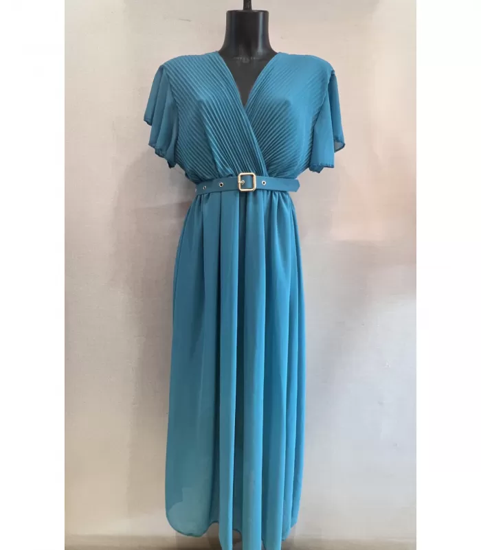 Mily teal lyhythihainen pitkä v-mekko vyöllä (plus size)