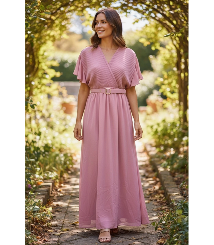 Mily vaaleanpunainen lyhythihainen pitkä v-mekko vyöllä (plus size)