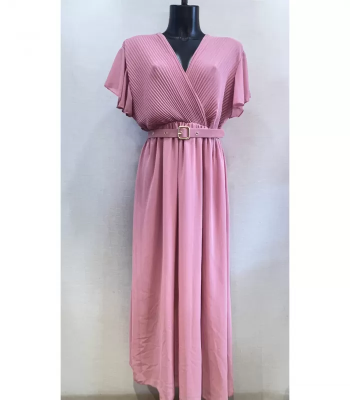 Mily vaaleanpunainen lyhythihainen pitkä v-mekko vyöllä (plus size)