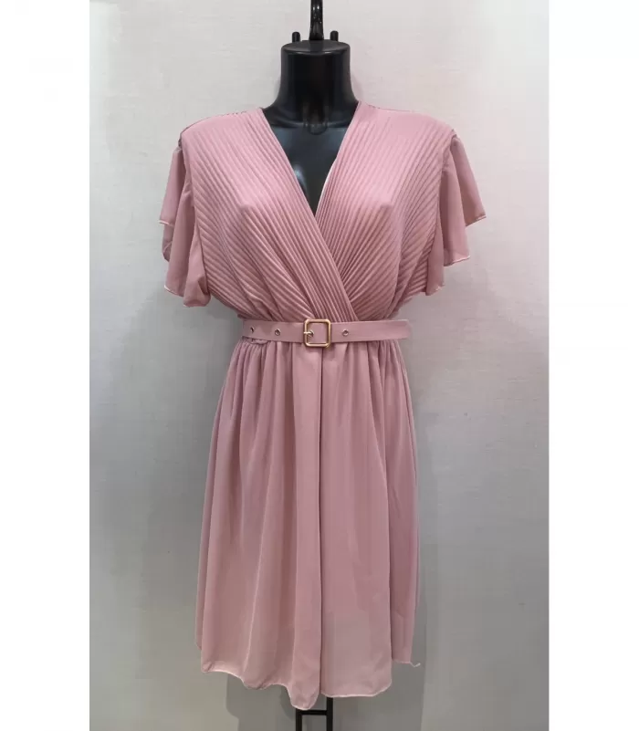 Mily vaaleanpunainen lyhythihainen v-mekko vyöllä (plus size)