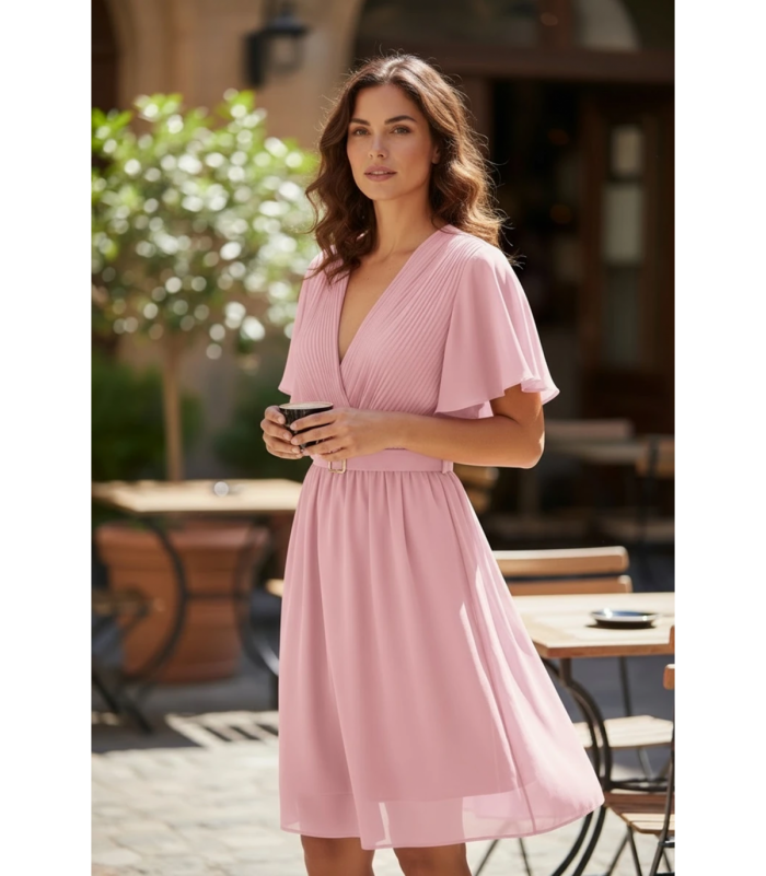 Mily vaaleanpunainen lyhythihainen v-mekko vyöllä (plus size)